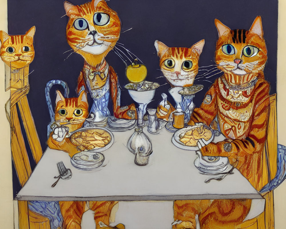 Anthropomorphic Cats Dining in Human Attire