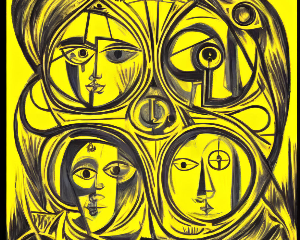 Interwoven Faces in Black Outlines on Yellow Background