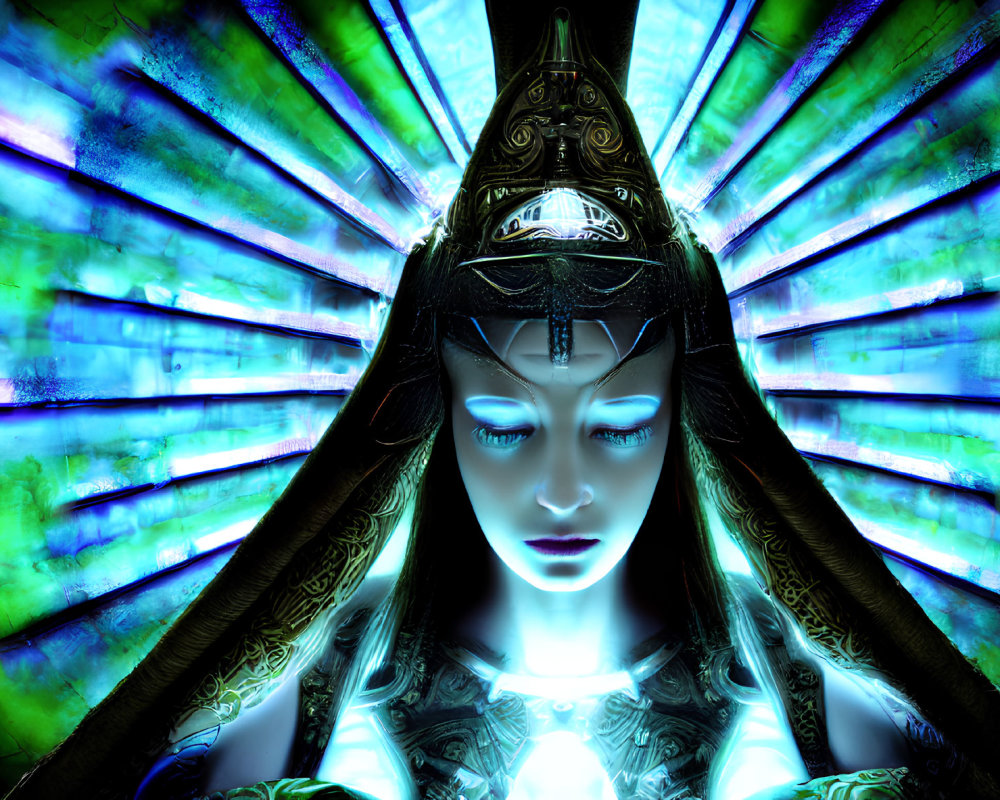 Ethereal female figure with elaborate headdress on radiant blue background