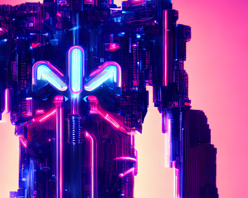 Neon-lit robotic figure with cybernetic design on pink and purple backdrop