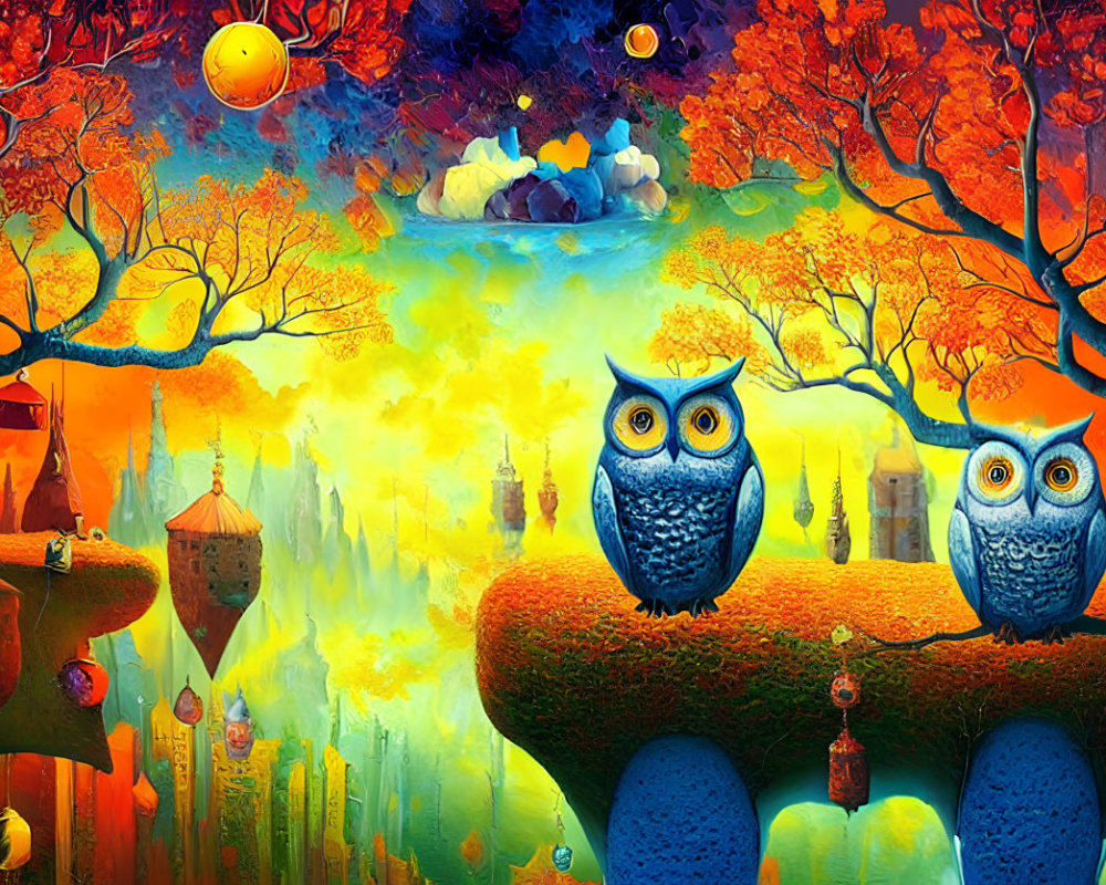 Colorful Fantasy Landscape with Owls, Castles, and Sunset