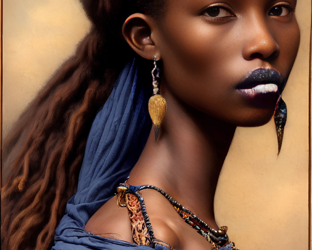 Portrait of woman with dark skin in blue garment, brown head wrap, beaded necklace, unique e