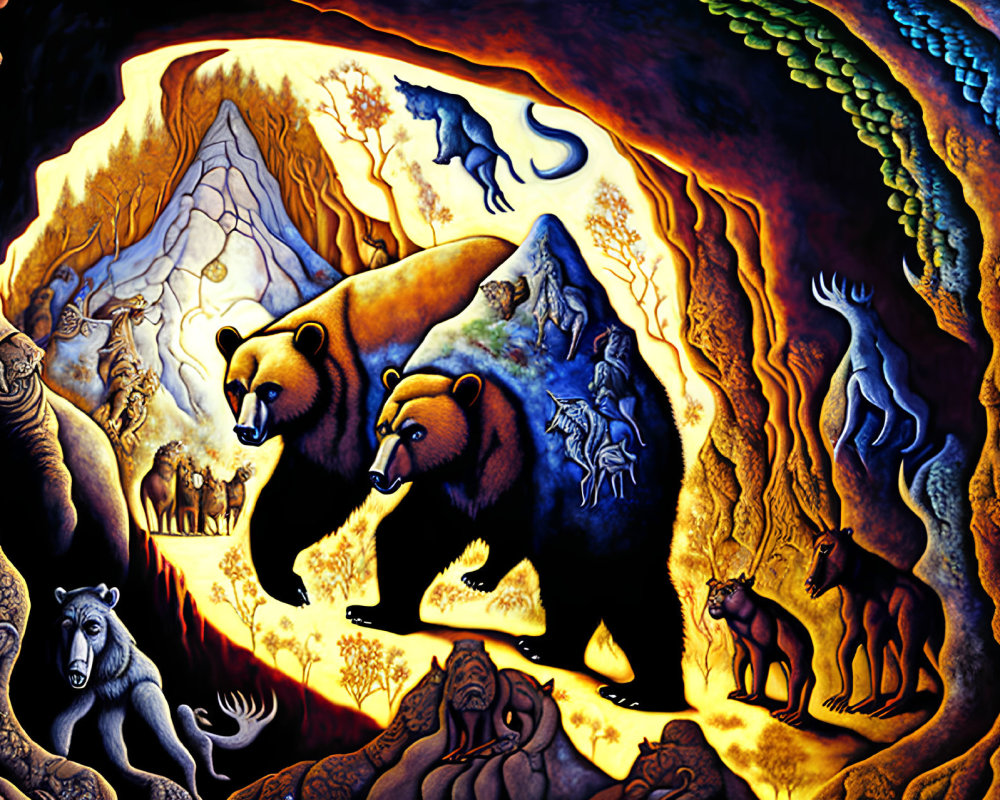 Surreal painting of bears and woodland creatures with fiery backdrop