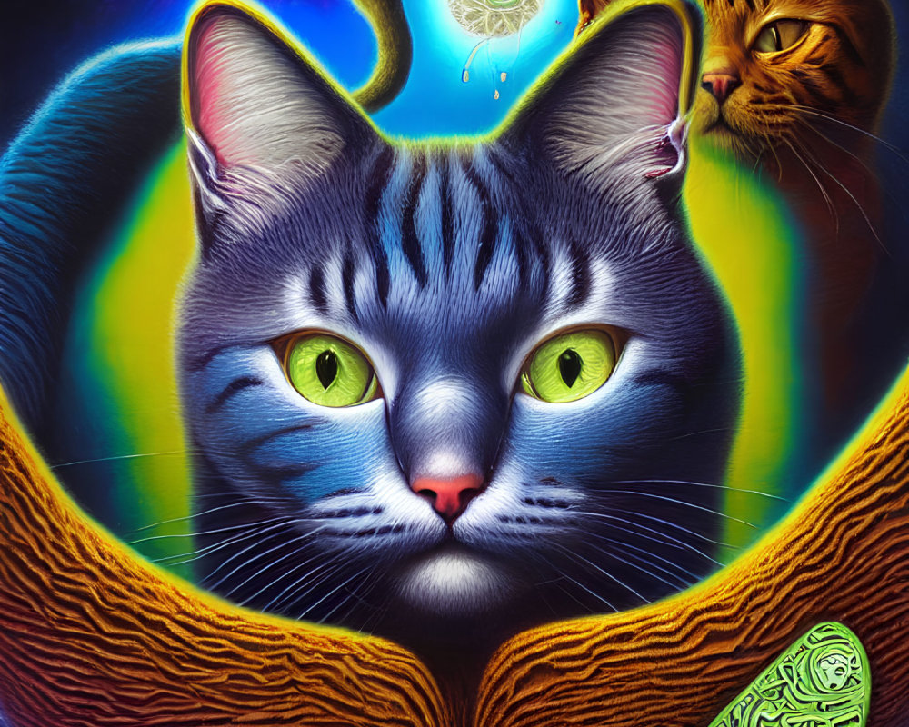 Colorful Psychedelic Cat Illustration with Green Eyes and Cosmic Background