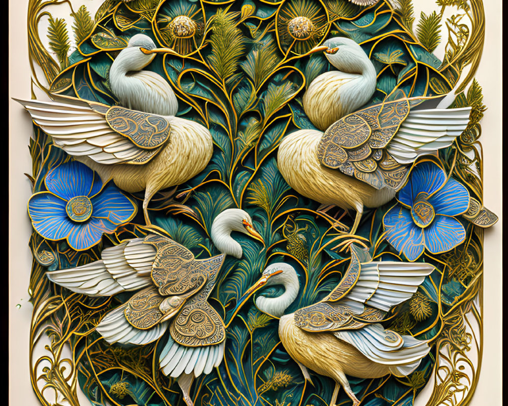 Detailed illustration of four doves in a golden leaf and peacock feather tapestry with blue flowers and