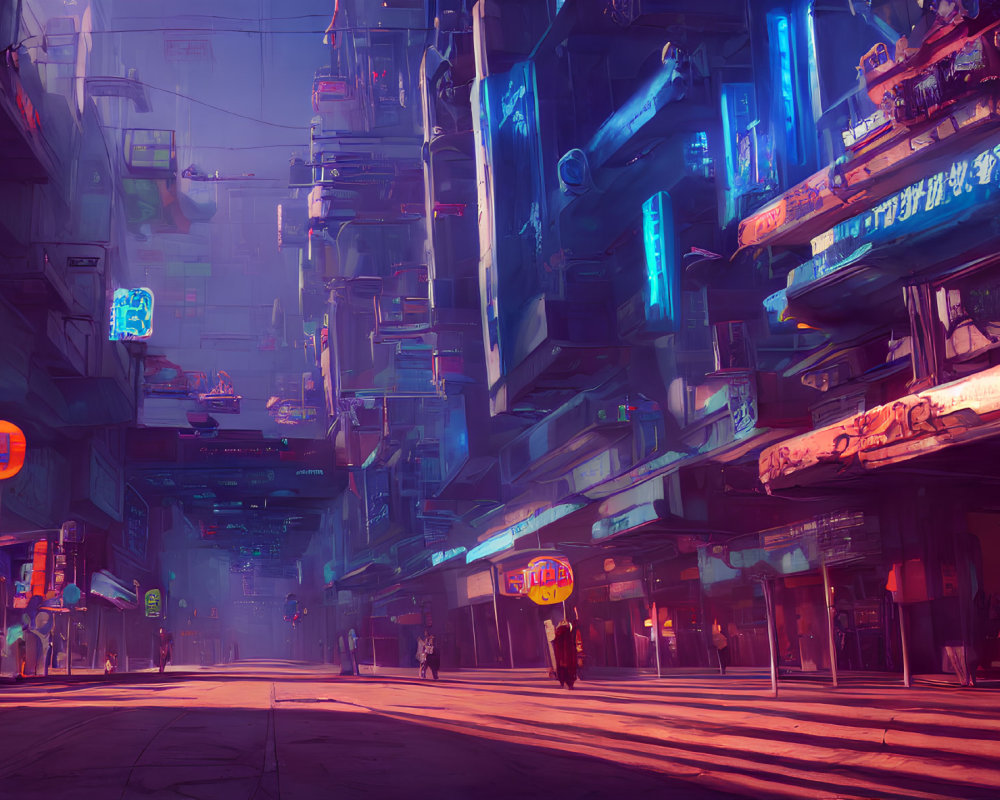 Colorful cyberpunk cityscape with neon signs, towering buildings, and pedestrians in a hazy purple