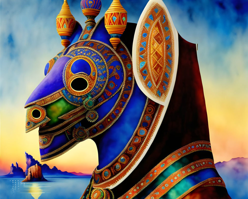 Colorful Surrealist Painting of Fantastical Creature and Ornate Patterns in Dreamy Sky and Seas