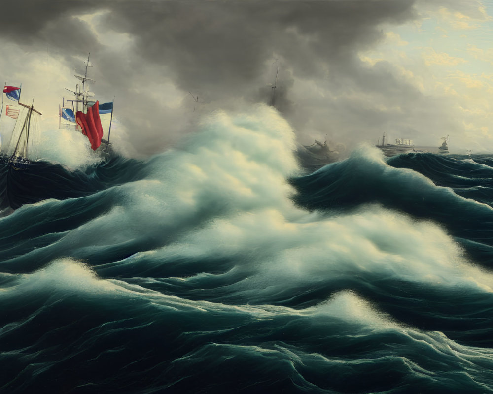 Tall ships battling stormy sea waves in nautical scene