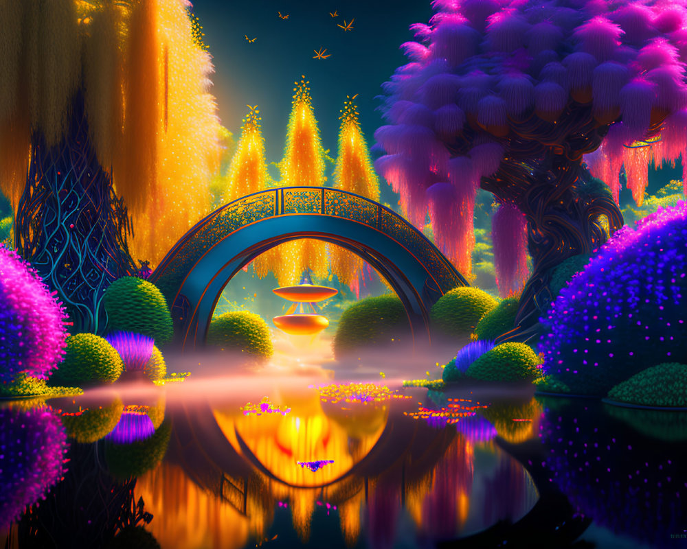 Colorful Fantasy Landscape with Reflective River and Ornate Bridge