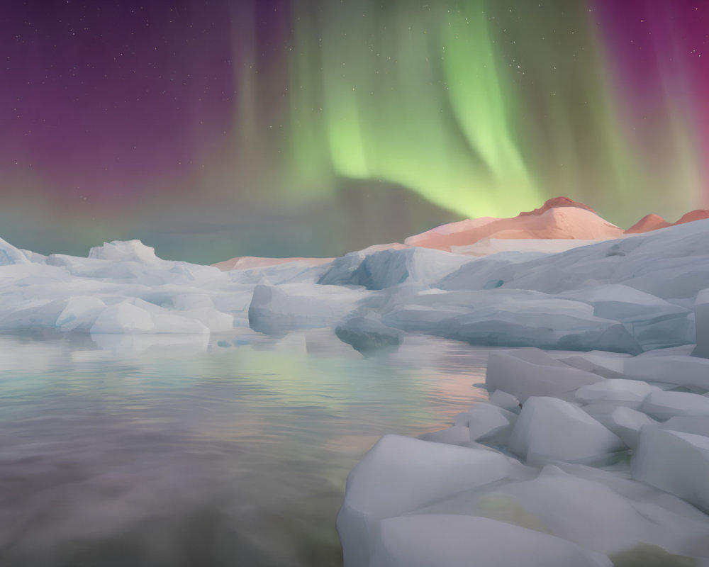 Arctic landscape with floating icebergs and aurora borealis at twilight