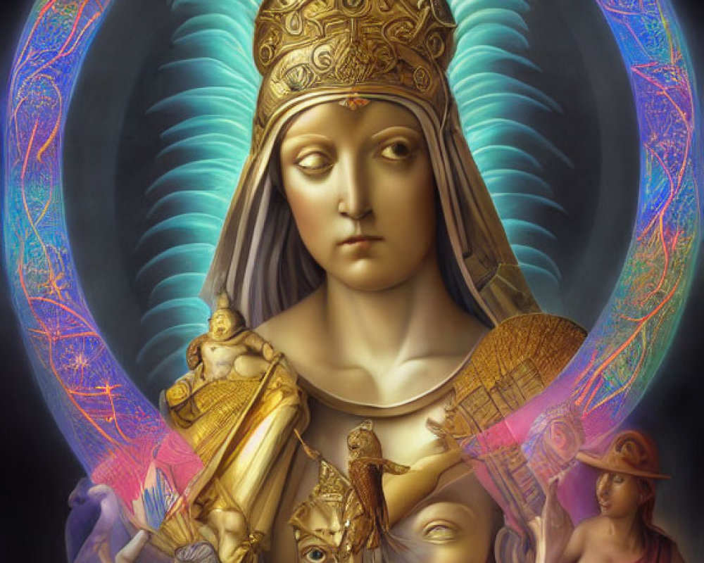 Detailed illustration of regal figure in golden armor with halo and scepter, surrounded by ethereal beings