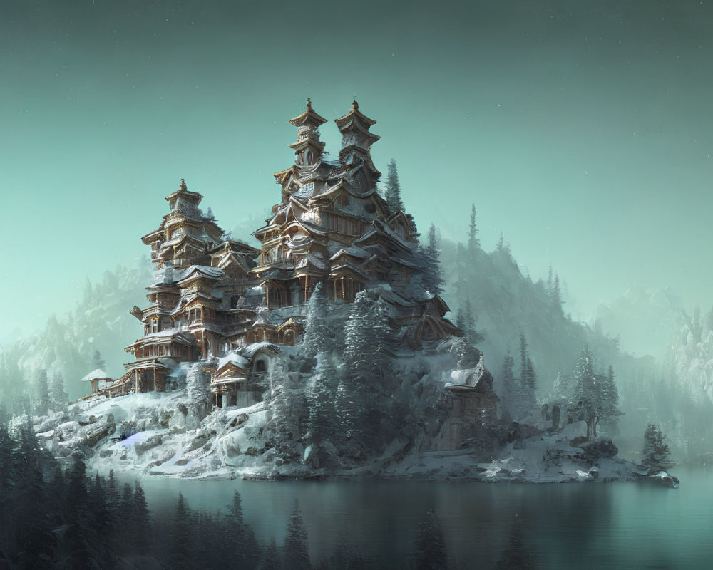 Snowy forest landscape with multi-tiered pagoda near tranquil lake