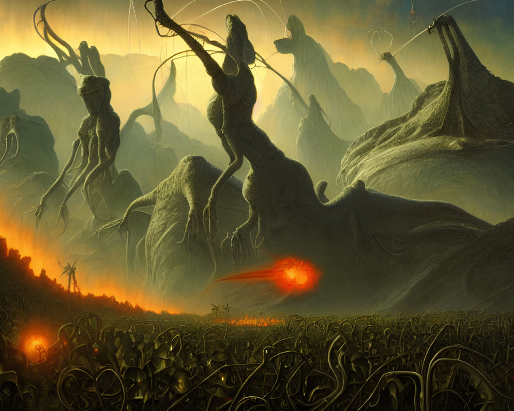 Fantastical landscape with giant archer statues in fiery battle