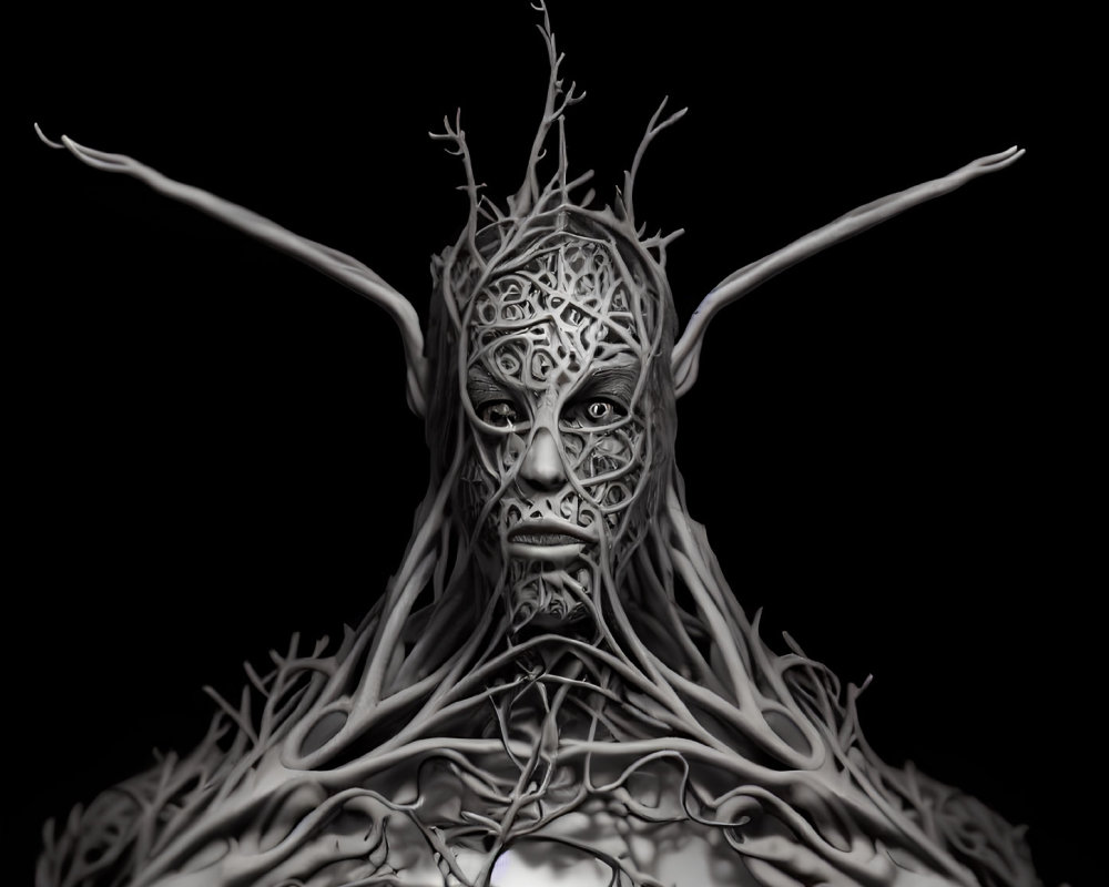 Creature with Tree Branch-Like Horns and Root Covering on Black Background