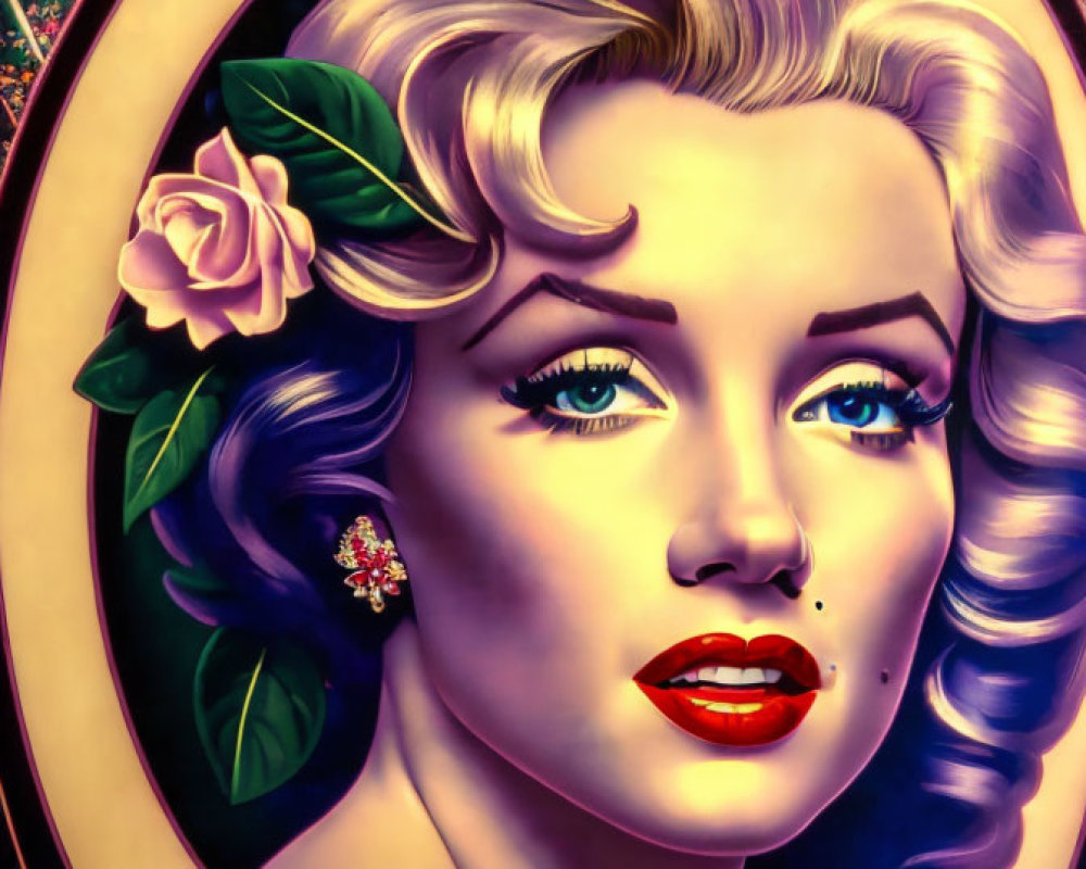 Vintage-style portrait of blonde woman with pink rose, red lipstick, and floral backdrop