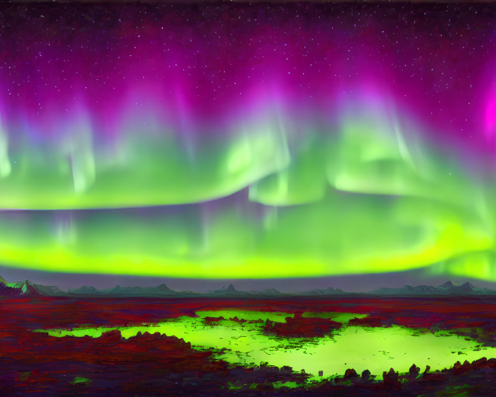 Colorful Aurora Borealis Illuminating Night Sky Over Red and Green Landscape