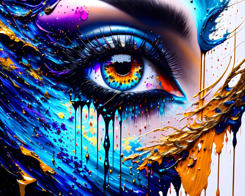 Colorful human eye artwork with blue, gold, and purple splashes