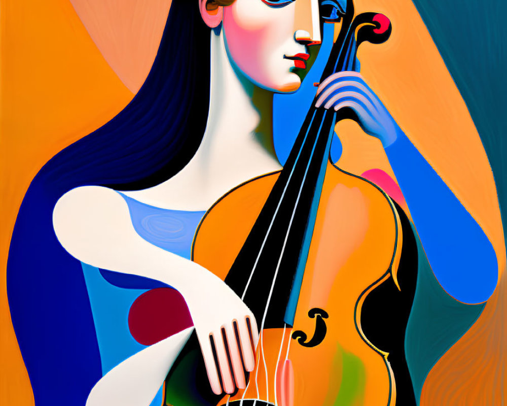 Colorful Stylized Image of Blue-Skinned Woman Playing Cello