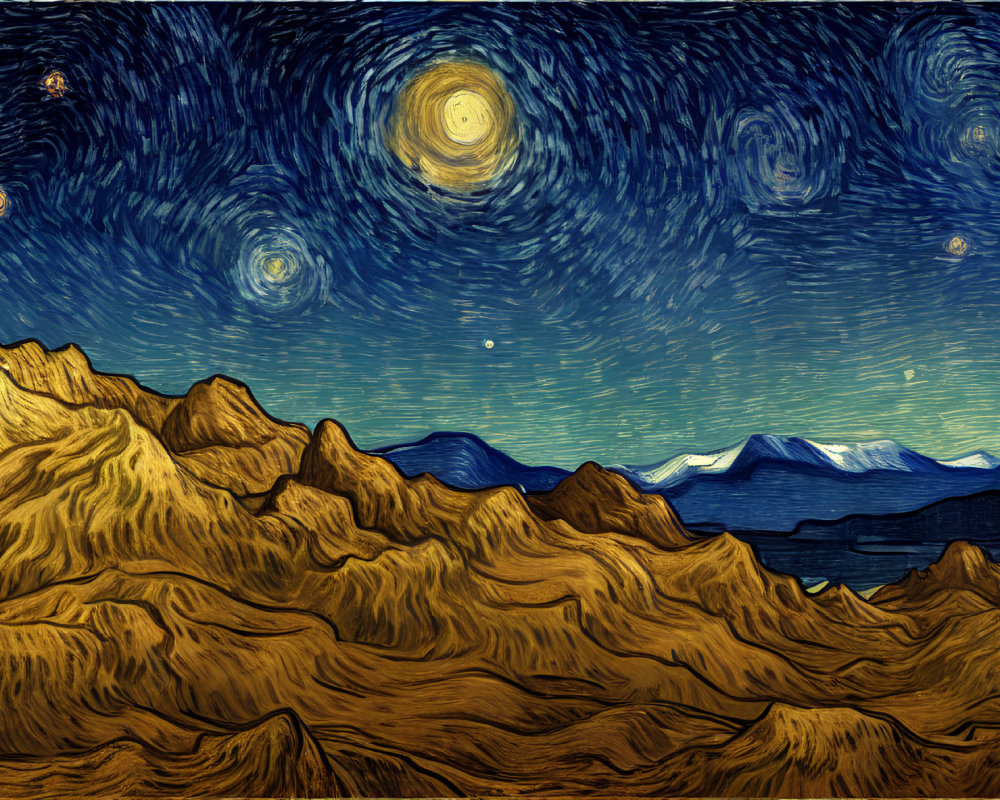 Starry Night Sky with Swirling Stars and Clouds over Dark Hills