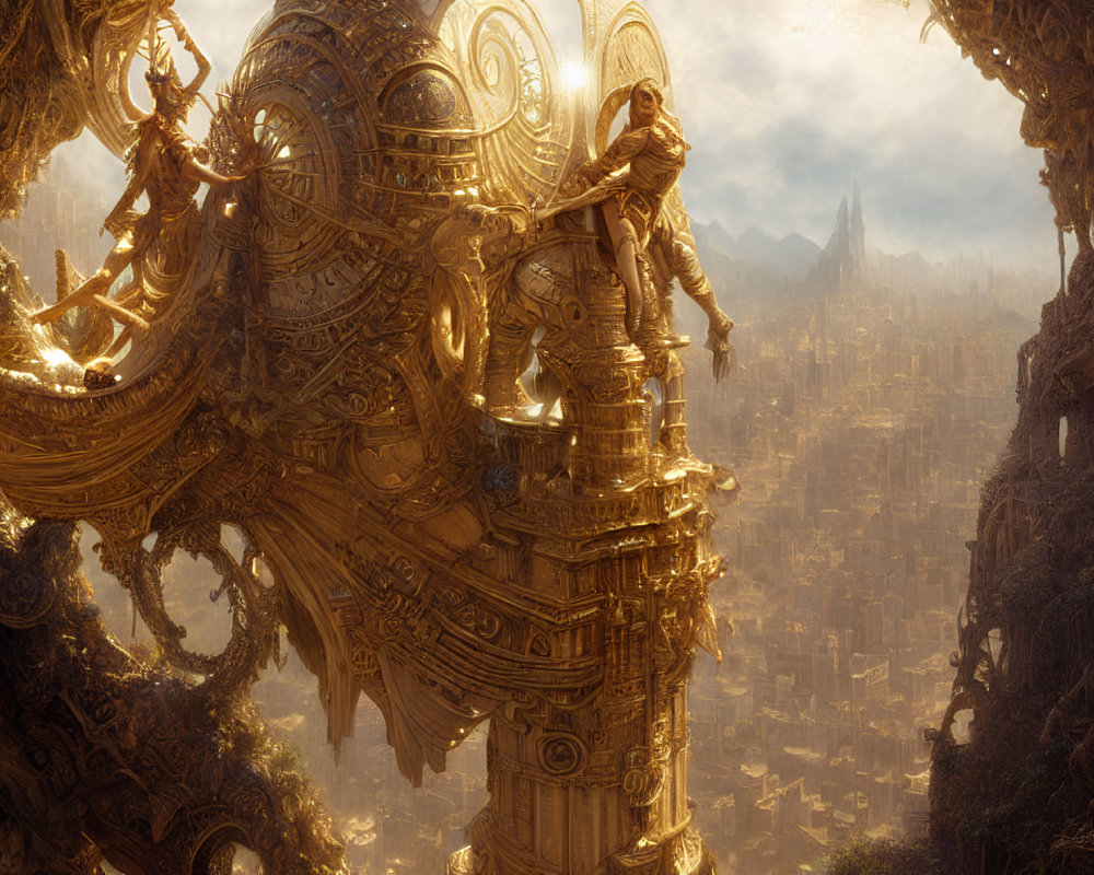 Cloaked figure on golden structure overlooking sunlit city