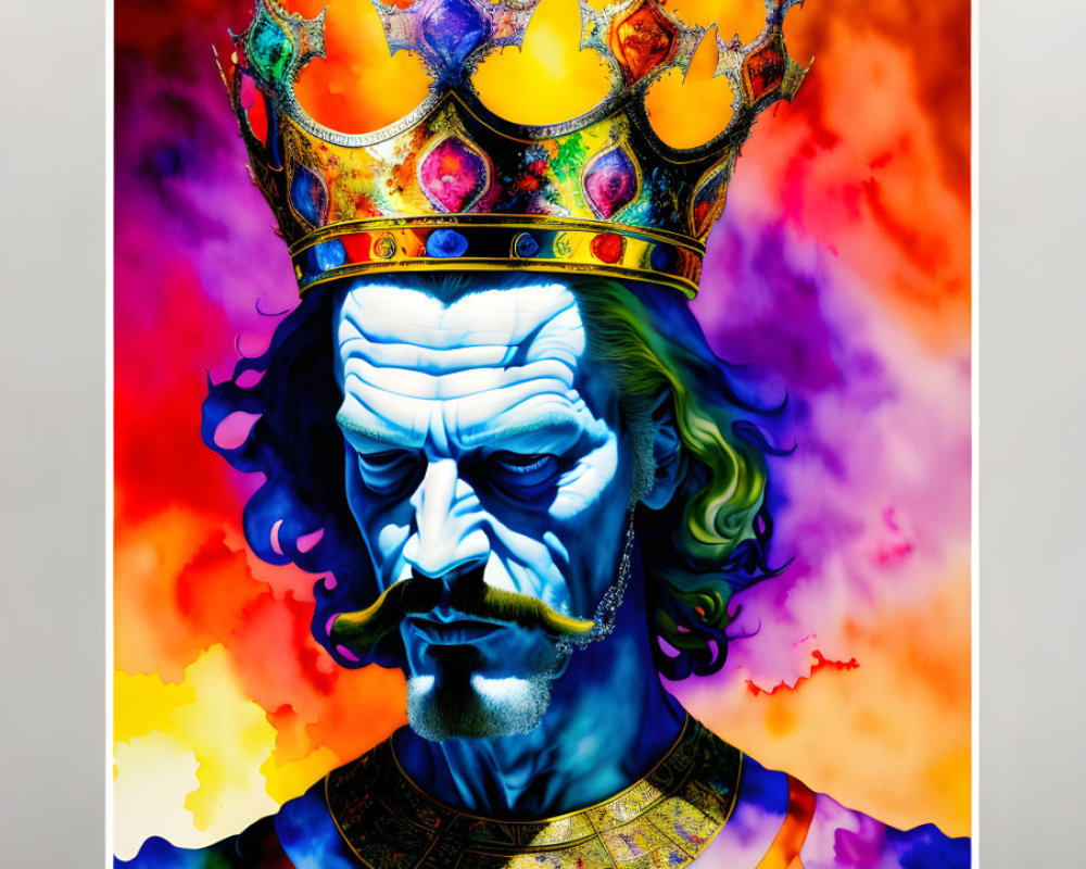 Colorful Stylized King with Crown on Psychedelic Background