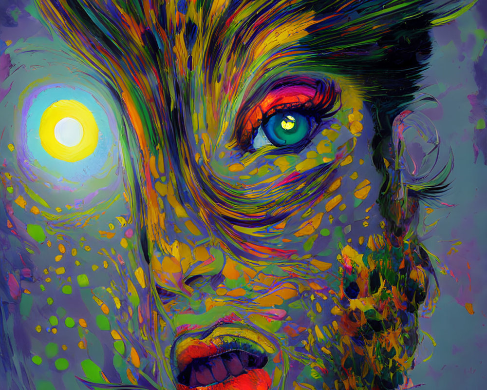 Colorful Abstract Portrait with Bright Circular Eye Substitution