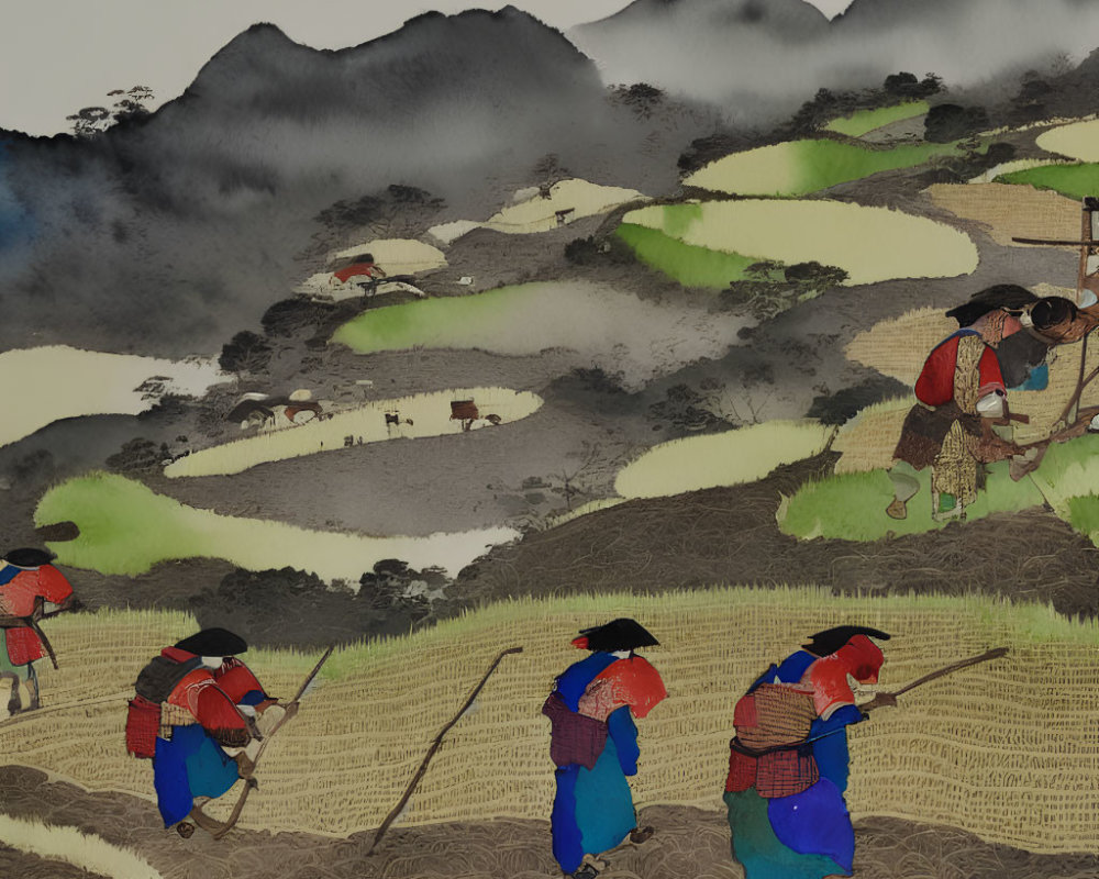 Asian-style Painting: Villagers Cultivating Terraced Fields with Misty Mountains