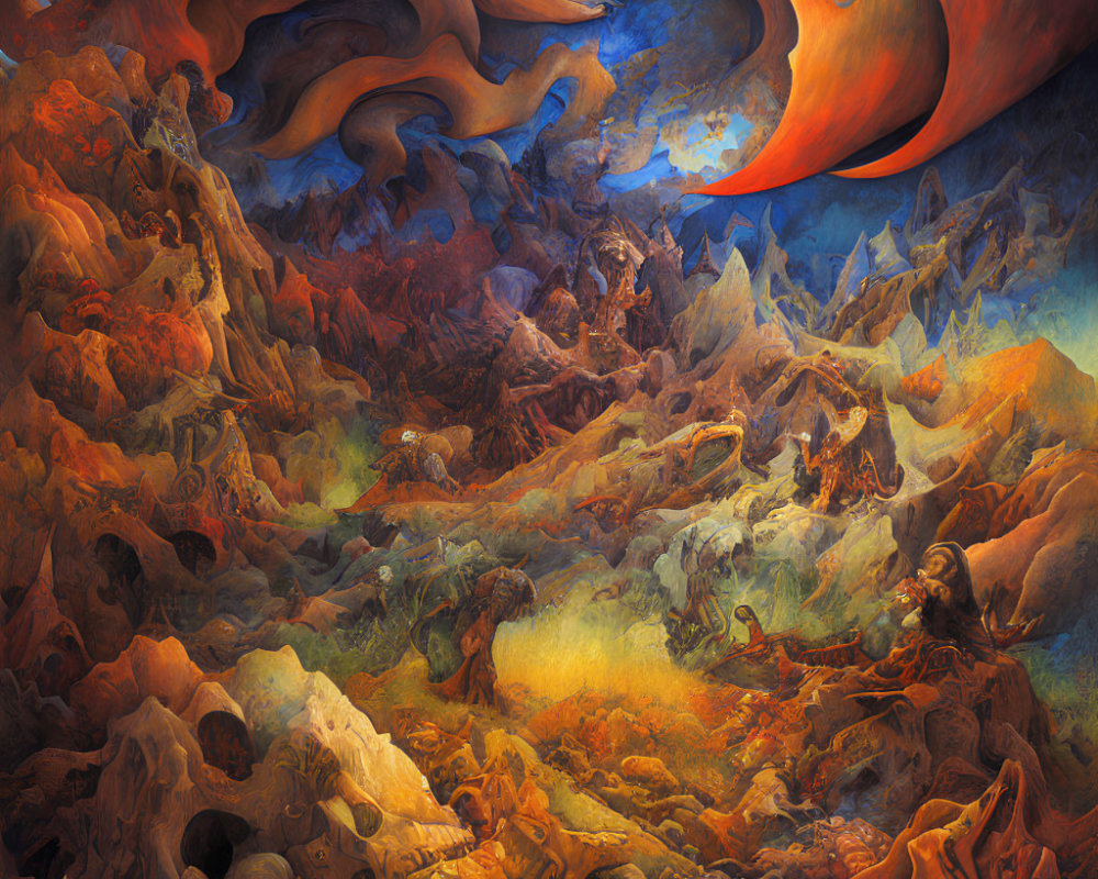 Surreal landscape painting: swirling orange skies, vibrant rock formations