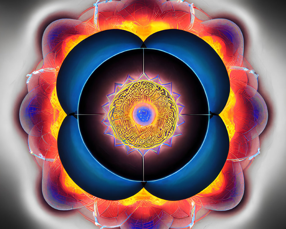 Symmetrical digital artwork with red, gold, and blue shades around a dark circular core