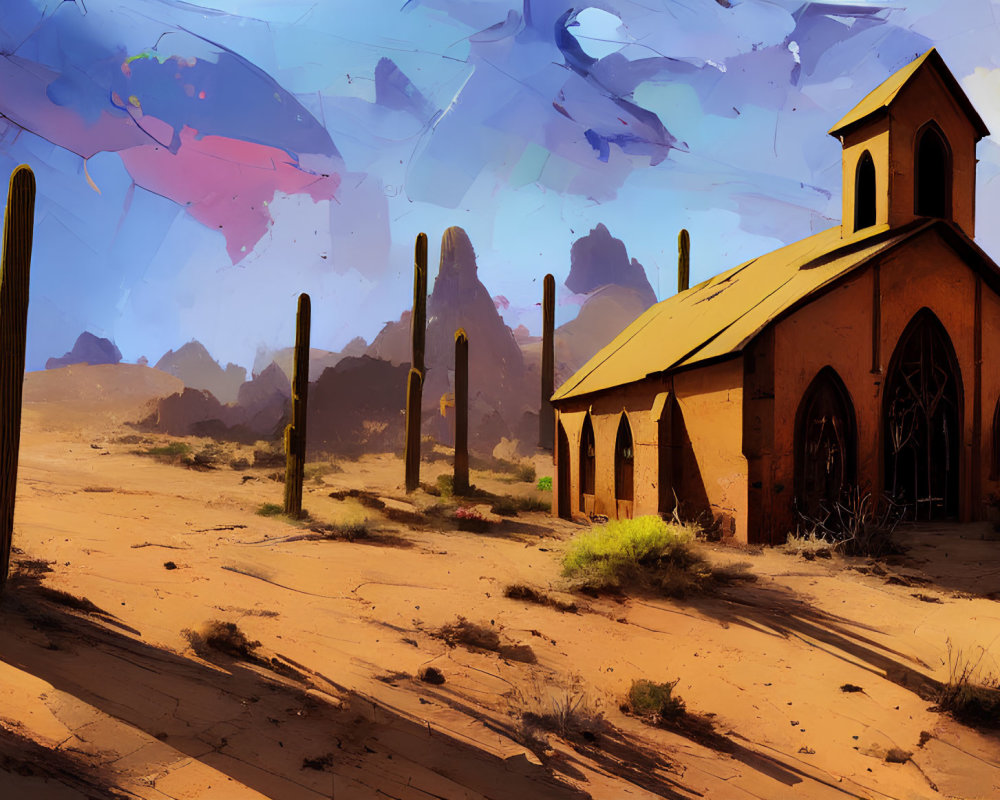 Detailed illustration: Small church, cacti, desert landscape, rocky formations