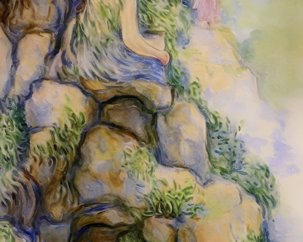 Impressionist-style painting of two figures by a rocky stream