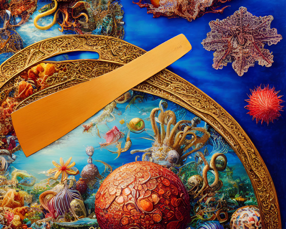 Colorful painting with golden magnifying glass, marine life, and red sphere.