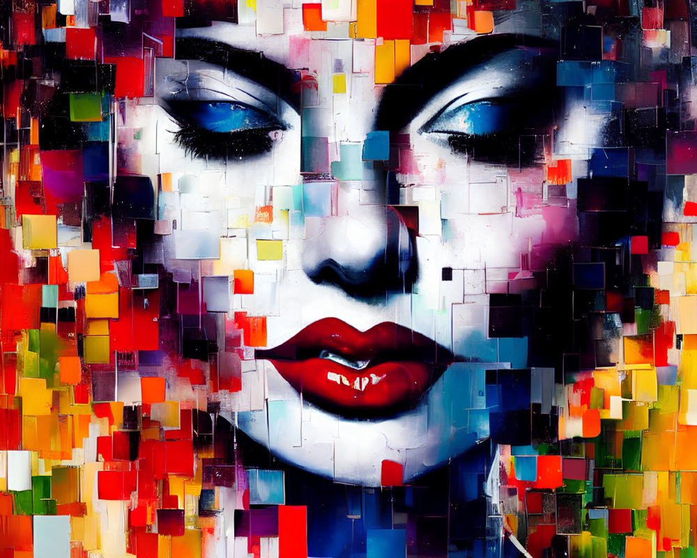 Colorful Abstract Portrait of Woman with Pixelated Patterns