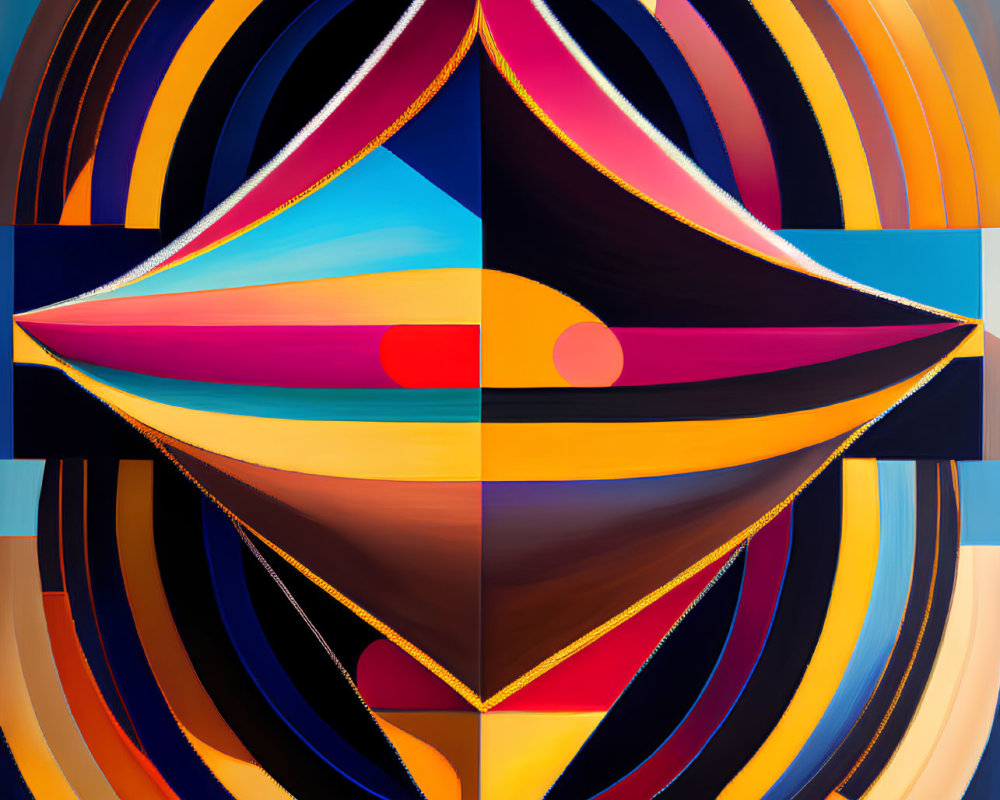 Vibrant concentric circles and symmetrical shapes in abstract geometric painting