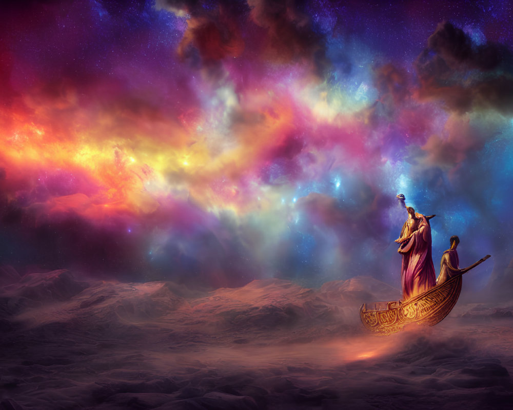 Figure in robes on boat under vibrant cosmic sky with stars and nebulae