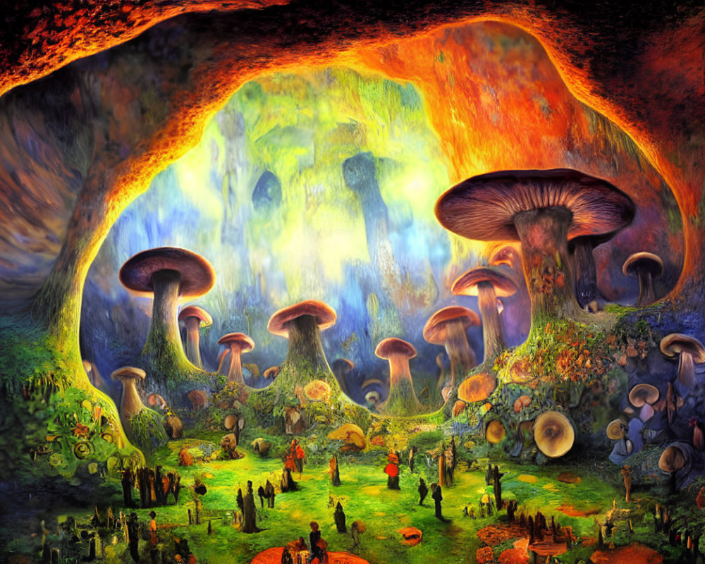 Fantastical cave with vibrant mushrooms and ethereal lighting