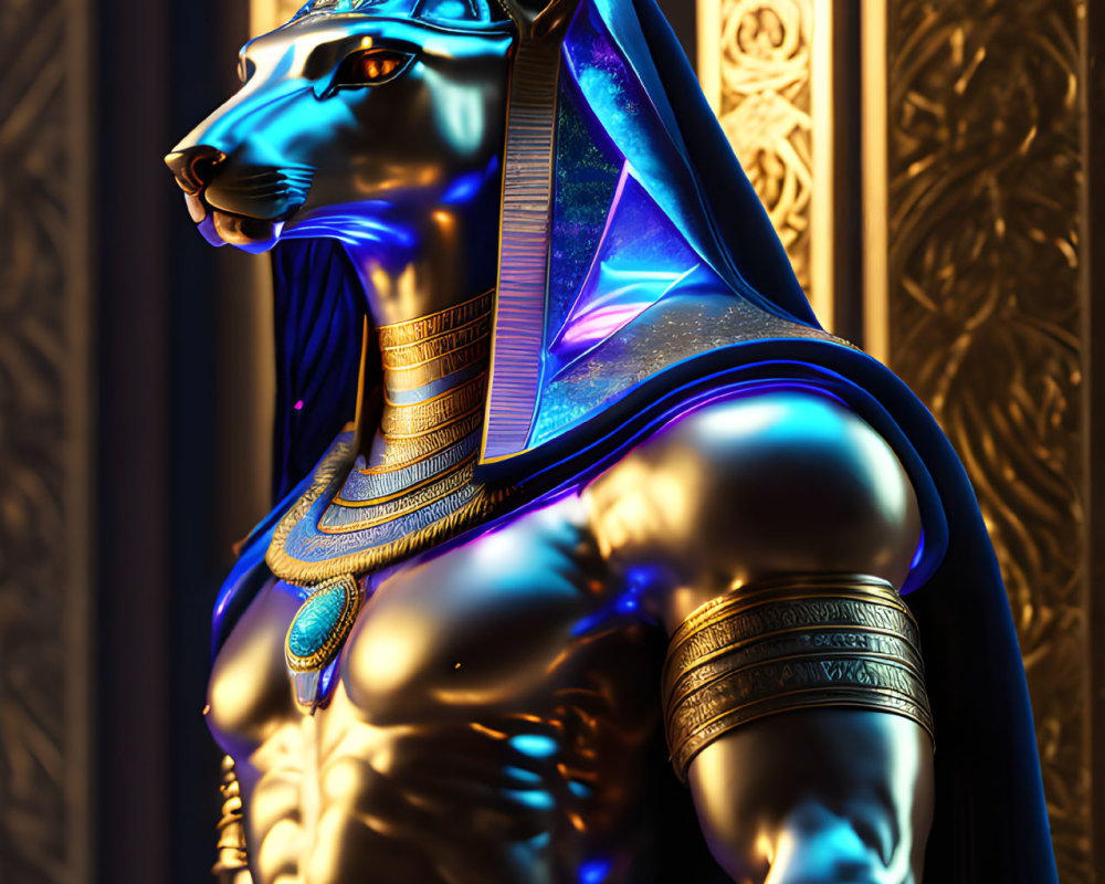 Egyptian-style Anubis statue with jackal head and golden glow