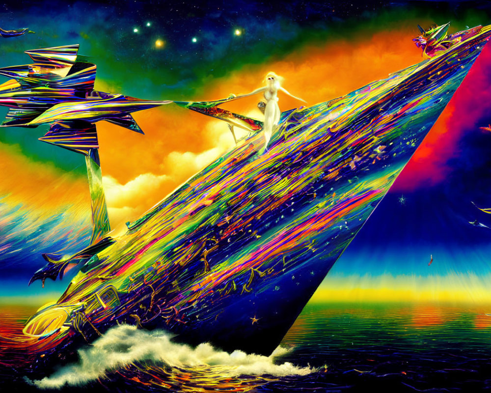 Colorful artwork: Woman on fantastical ship in surreal ocean landscape