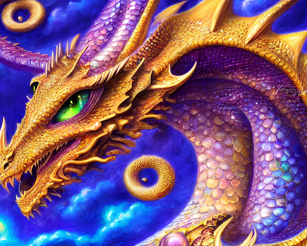 Golden dragon digital illustration with intricate scales and cosmic background