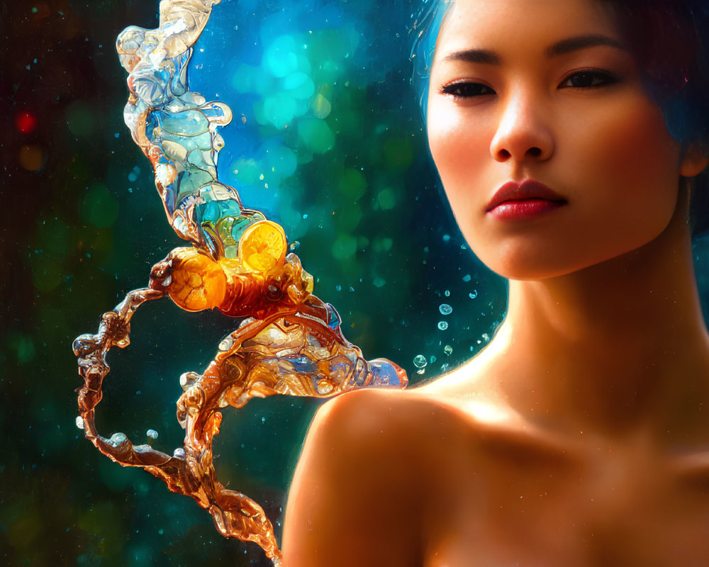 Woman with subtle makeup in front of vibrant bokeh-lit backdrop with swirling water illustration