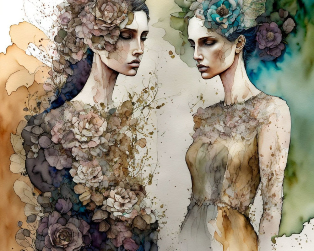 Ethereal women with blooming flowers in watercolor illustration