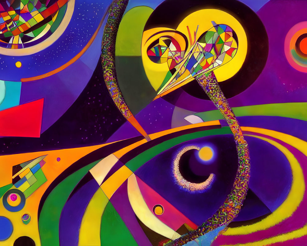 Colorful Abstract Painting with Swirling Patterns and Geometric Shapes