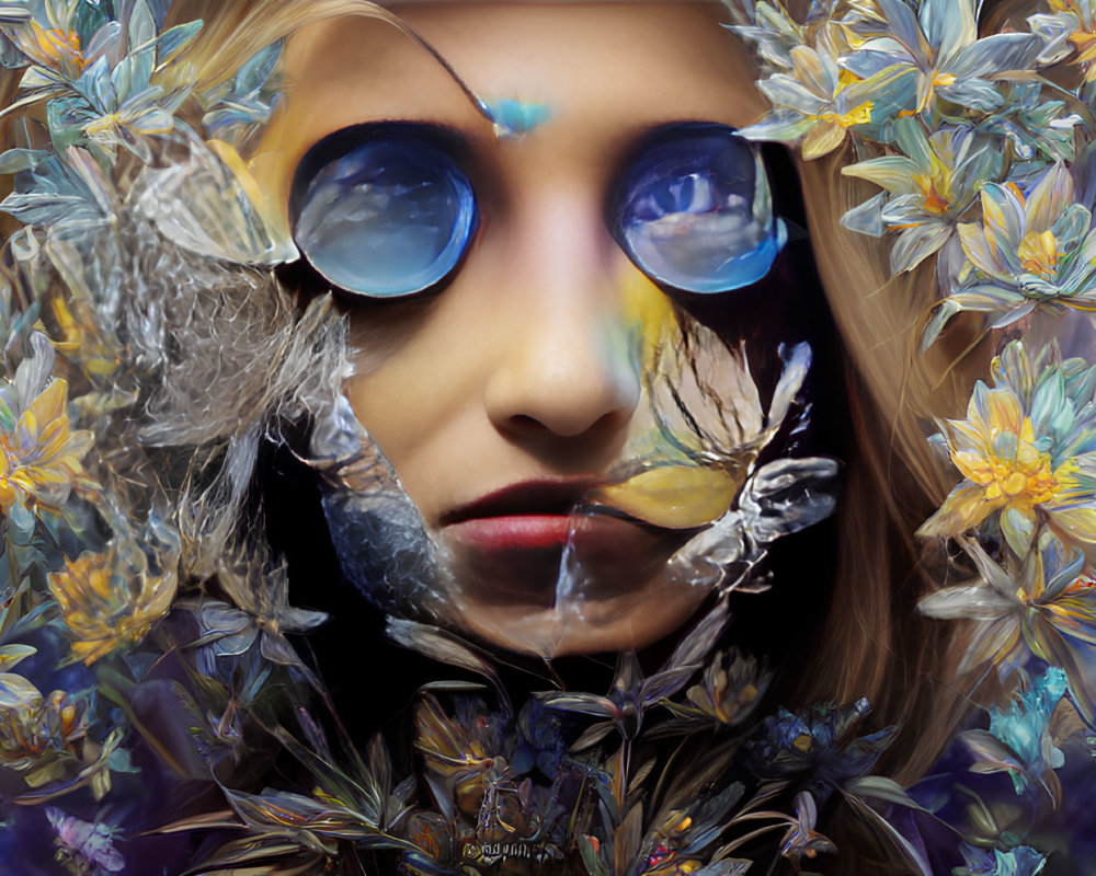 Colorful surreal portrait with large round glasses and floral motif.