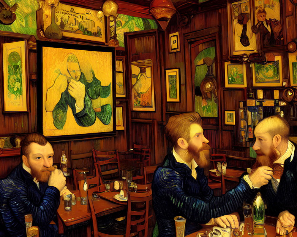 Stylized digital artwork of three bearded men in a colorful, ornamented bar