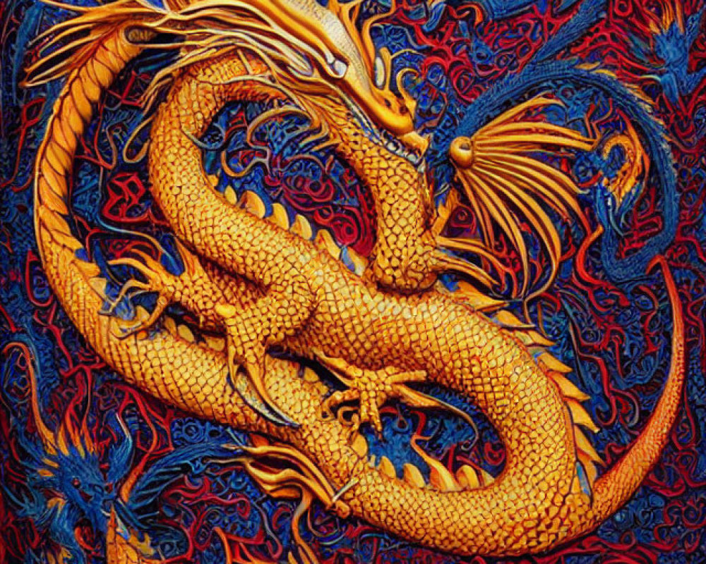 Golden dragon with intricate scales in vibrant illustration surrounded by red and blue swirling patterns