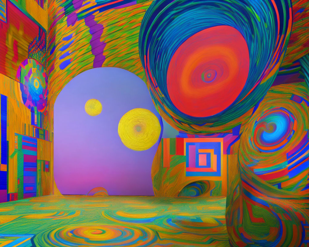 Colorful psychedelic room with swirling patterns and circular motifs