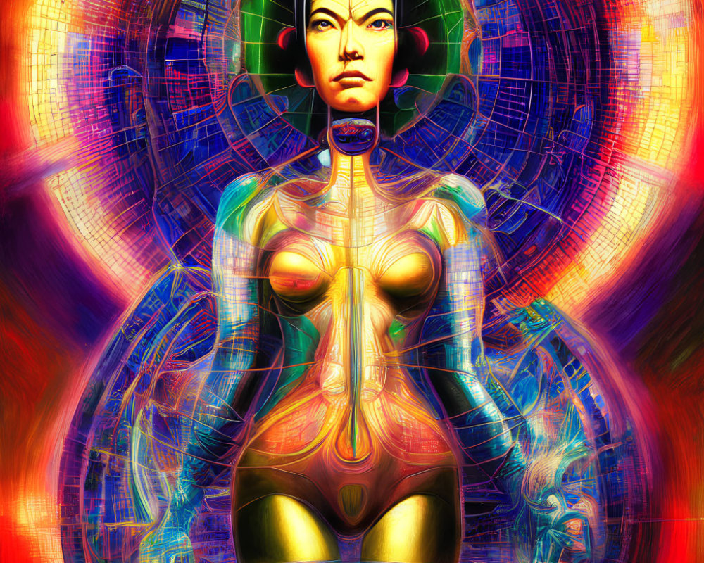 Colorful digital artwork: Female android with circuit halo