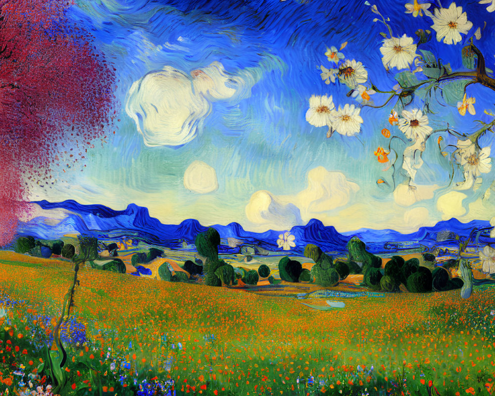 Colorful Van Gogh-inspired painting of swirling skies, blooming field, and distant hills