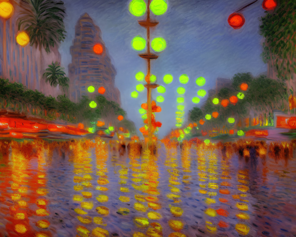 Impressionist-style city street painting at twilight with blurry light reflections.