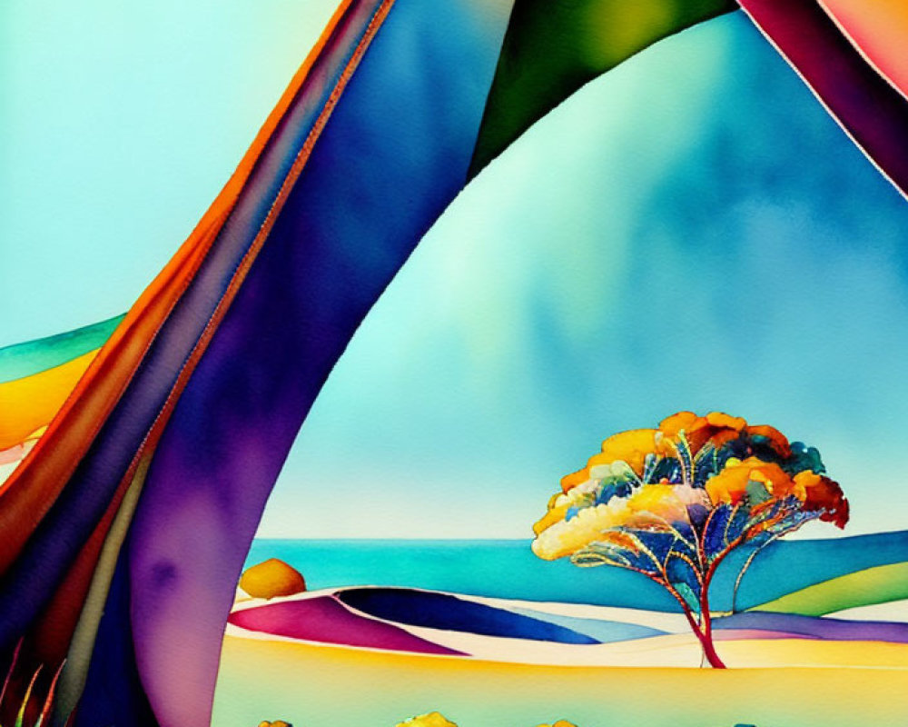 Colorful painting of lone tree in surreal landscape with fabric-like elements